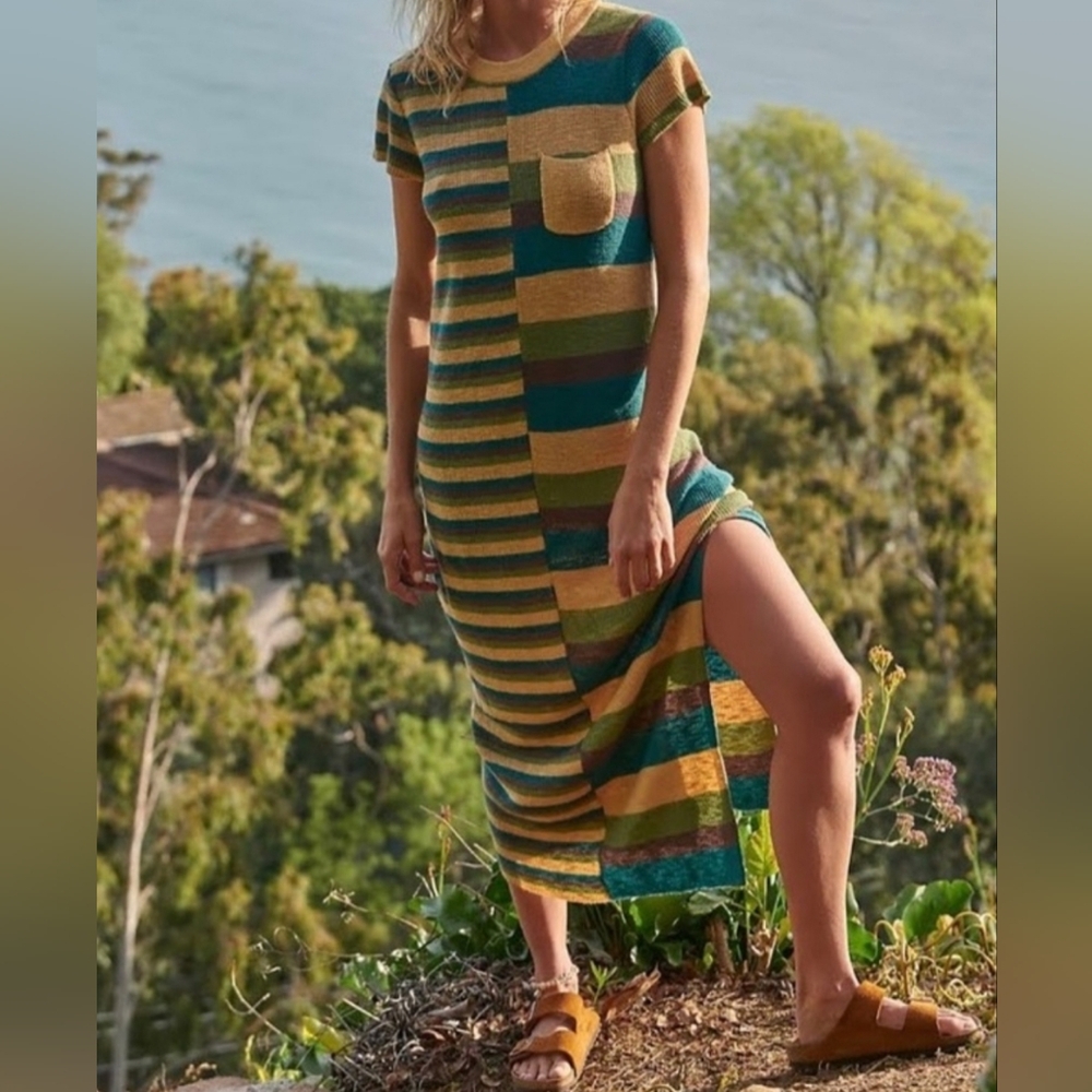 Free People Beach Wonderland Sweater Maxi Dress in Capri Combo Color NWOT Flawed